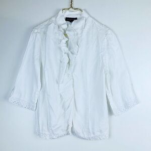 Jones New York Linen White ruffle top Sz L Crotchet Trim 3/4 Sleeve
